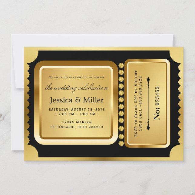 Elegant Black & Gold Ticket Wedding Invitation Inbjudningar (Framsida)