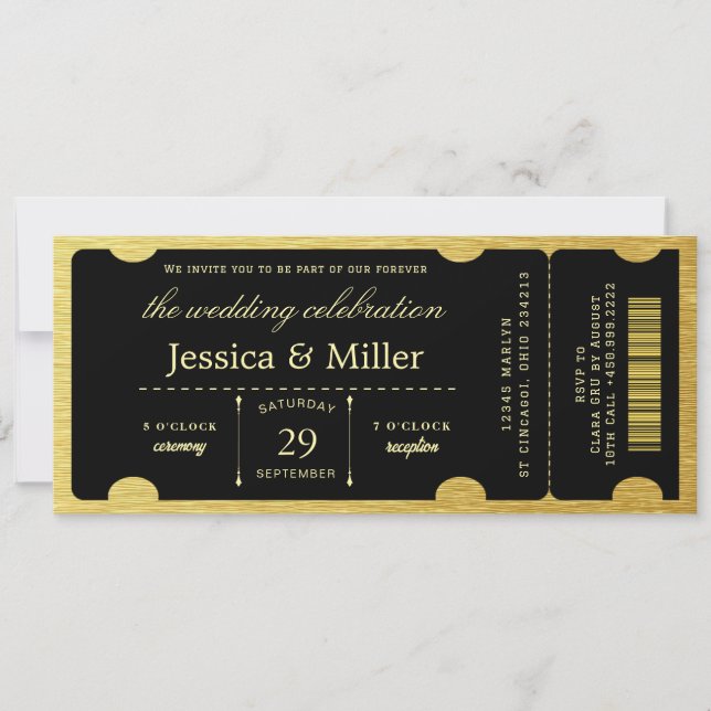 Elegant Black & Gold Ticket Wedding Invitation Inbjudningar (Framsida)
