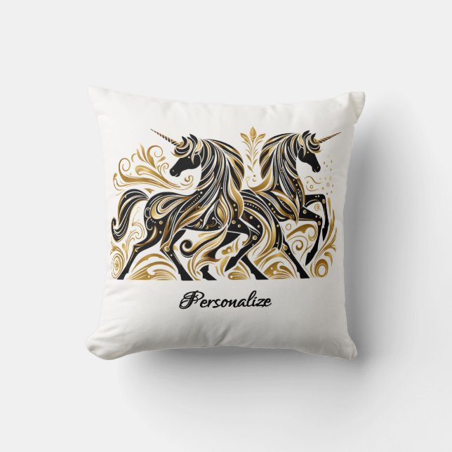 Elegant Black Gold Unicorn Personalized Stylish Kudde (Framsida)