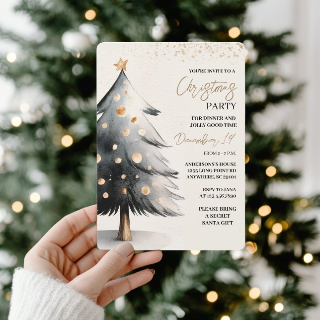 Elegant Black & Gold Watercolor Christmas Inbjudningar (Skapare uppladdad)
