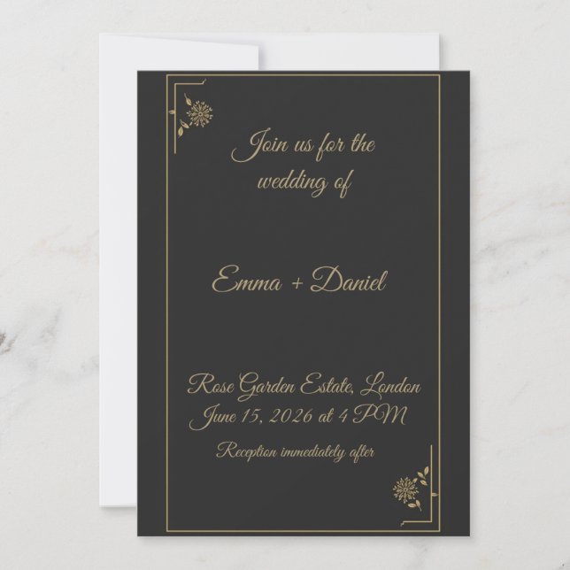 Elegant Black & Gold Wedding Invitation Inbjudningar (Framsida)