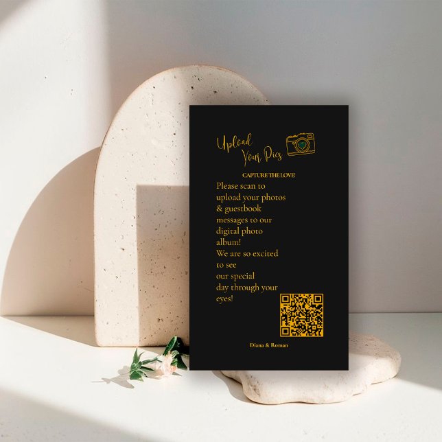 Elegant Black Gold Wedding Photo Sharing QR Code   Tilläggskort (Skapare uppladdad)