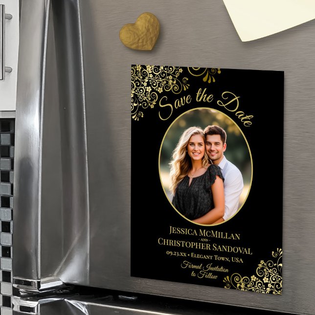Elegant Black & Gold Wedding Save the Date Photo Magnetisk Inbjudningskort (Magnetic Back for Easy Display!)