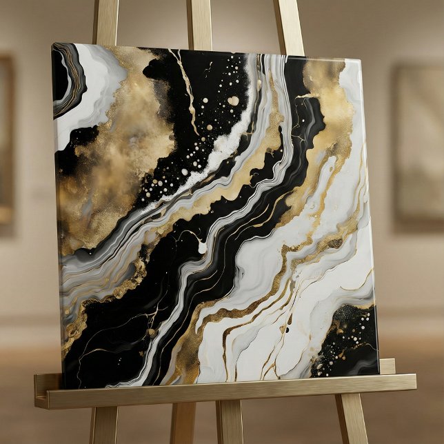 Elegant Black Gold & White Agate Marble Fluid Art Kakelplatta (Skapare uppladdad)