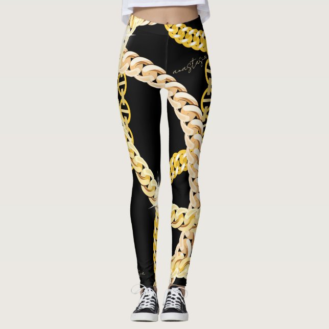 Elegant Black & Golden Chains Leggings (Framsida)