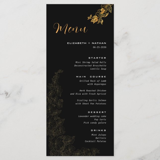 Elegant Black Golden Foliage Bröllop Menu Meny (Framsida)