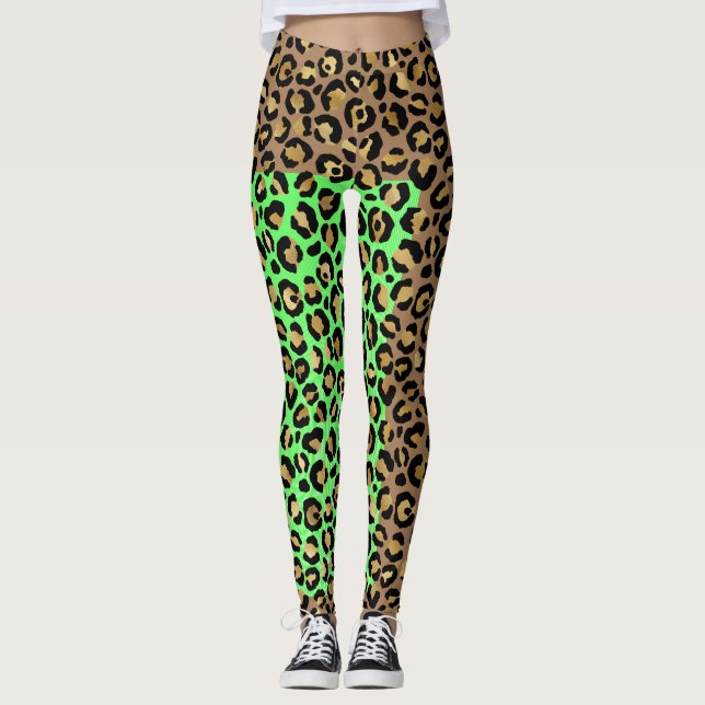 Elegant Black Golden Leopard Animal Print Leggings (Framsida)
