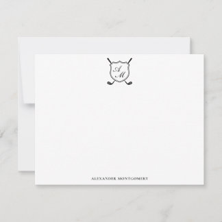 Elegant Black Golf Monogram Crest Flat Note Card Anteckningskort