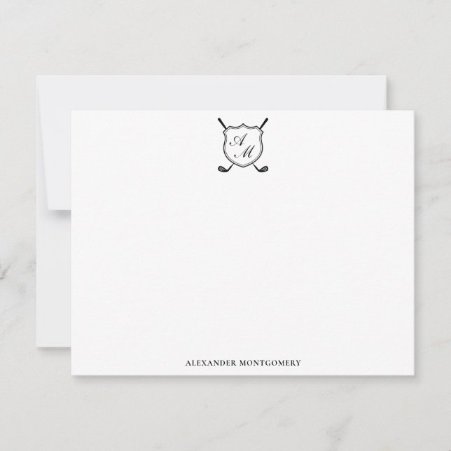 Elegant Black Golf Monogram Crest Flat Note Card Anteckningskort (Framsida)