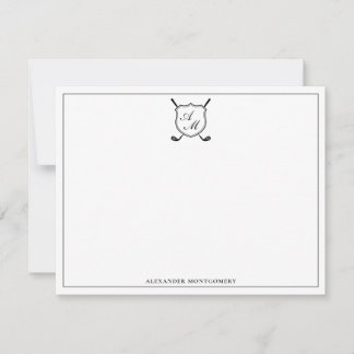 Elegant Black Golf Monogram Crest Flat Note Card Anteckningskort