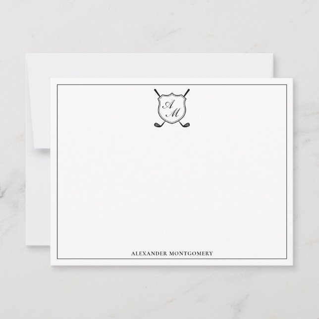 Elegant Black Golf Monogram Crest Flat Note Card Anteckningskort (Framsida)