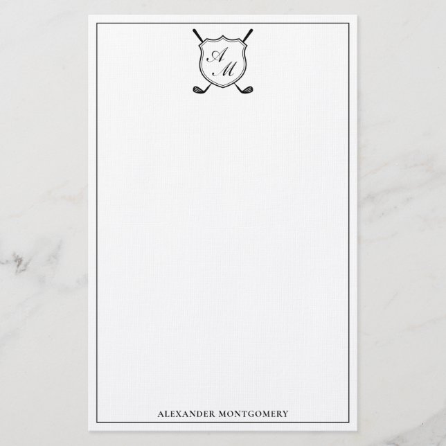 Elegant Black Golf Monogram Crest Stationery Brevpapper (Framsida)