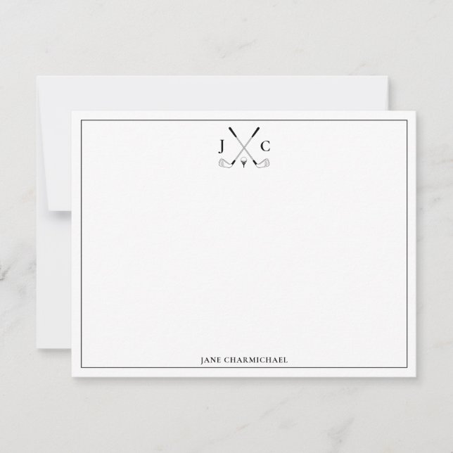 Elegant Black Golf Monogram Flat Note Card Anteckningskort (Framsida)