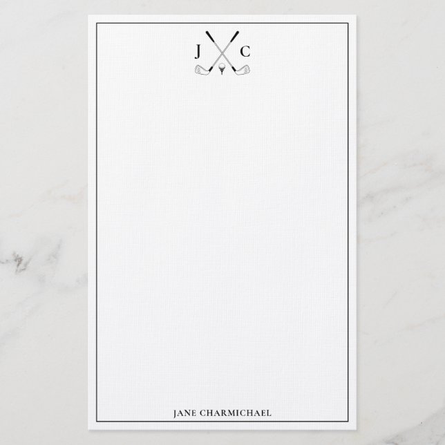 Elegant Black Golf Monogram Stationery Brevpapper (Framsida)