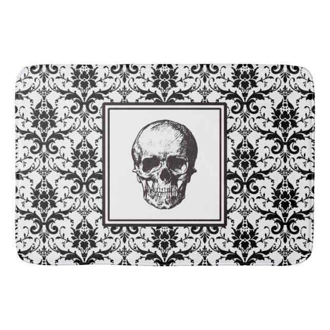 Elegant Black Gotham Damask Pattern Skull Badrumsmatta (Framsidan)
