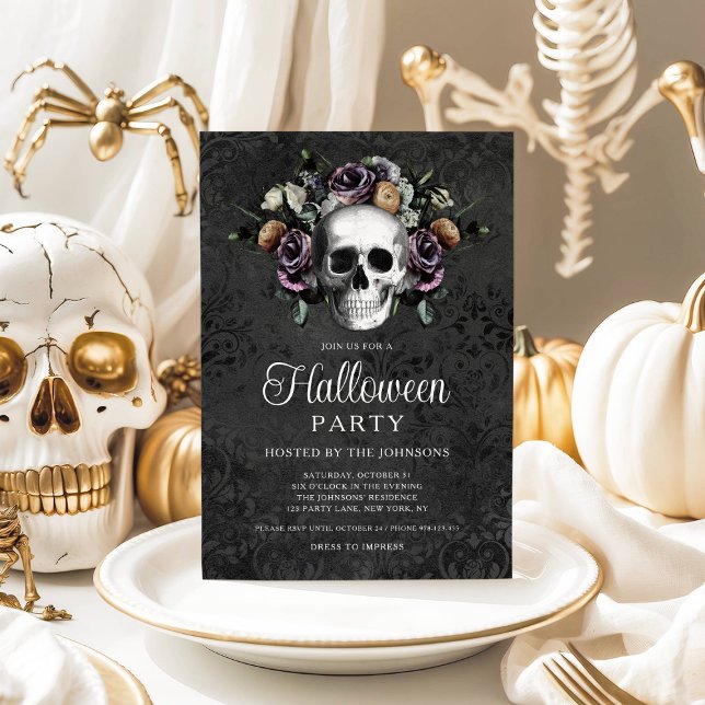 Elegant Black Gothic Blommigt Skull Halloween Inbjudningar (Elegant Black Gothic Floral Skull Halloween Invitation
)