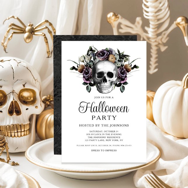 Elegant Black Gothic Blommigt Skull Halloween Inbjudningar (Elegant Black Gothic Floral Skull Halloween Invitation)