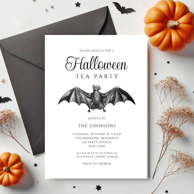 Elegant Black Gothic Fladdermus Tea Party Hallowee Inbjudningar (Elegant Black Gothic Bat Tea Party Halloween Invitation)