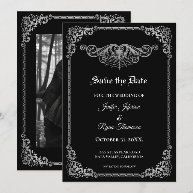 Elegant black Gothic wedding save the date Meddelande (Fram/baksida)