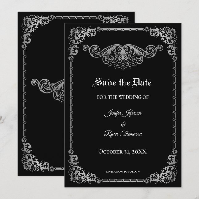 Elegant black Gothic wedding save the date Meddelande (Fram/baksida)