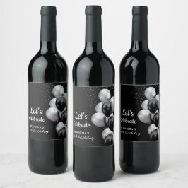 Elegant Black Grått Balloon Chic Birthday Vinflaska Etikett