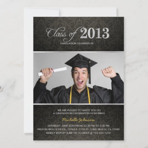 Elegant Black & Grått Damask med Silver Studenten Inbjudningar