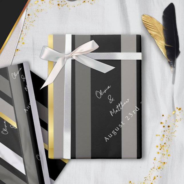 Elegant Black Grått Guld Rand Typografi Bröllop Presentpapper (Skapare uppladdad)