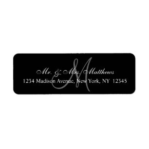 Elegant Black Grått Monogram Bröllop Returadress Etikett