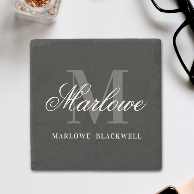 Elegant Black Grått Monogram Calligraphy Stenunderlägg (Skapare uppladdad)