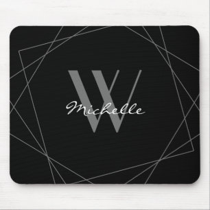 Elegant Black Grått Monogram Geometric Namn-skrip Musmatta