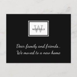 Elegant Black Grått Monogram New Home Flytta Meddelande Vykort