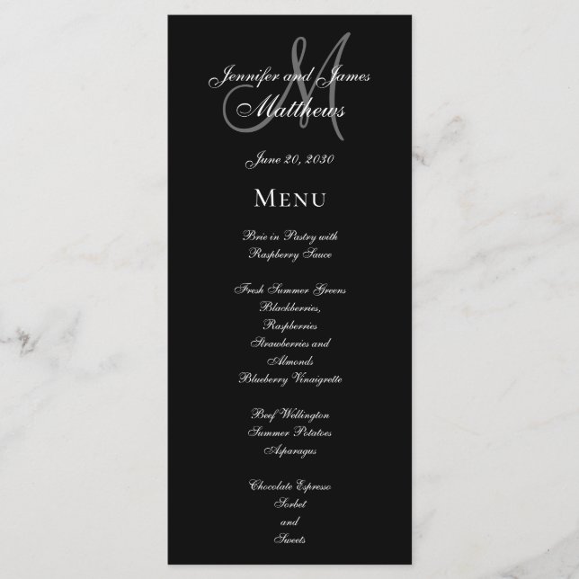 Elegant Black Grått Monogram Script Bröllop Menu Meny (Framsida)