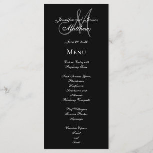 Elegant Black Grått Monogram Script Bröllop Menu Meny