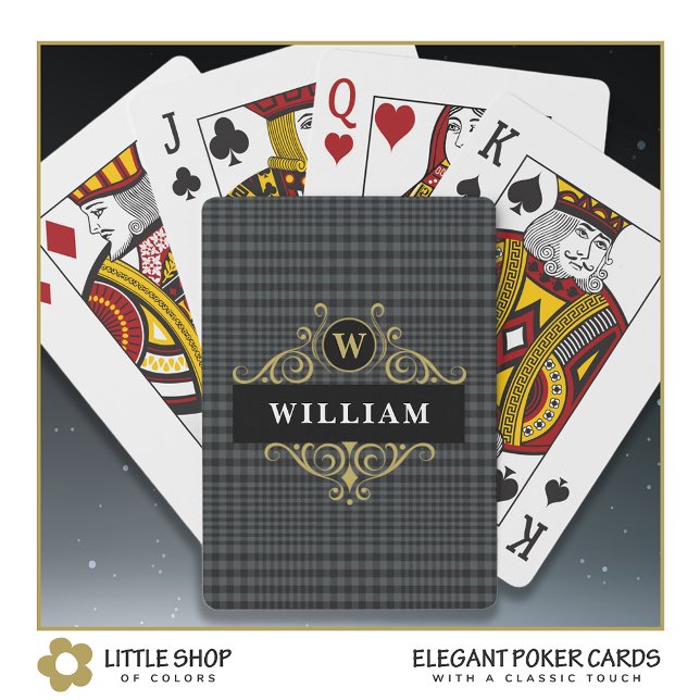 Elegant Black Grått Play Guld Emblem Monogram Namn Casinokort (Skapare uppladdad)