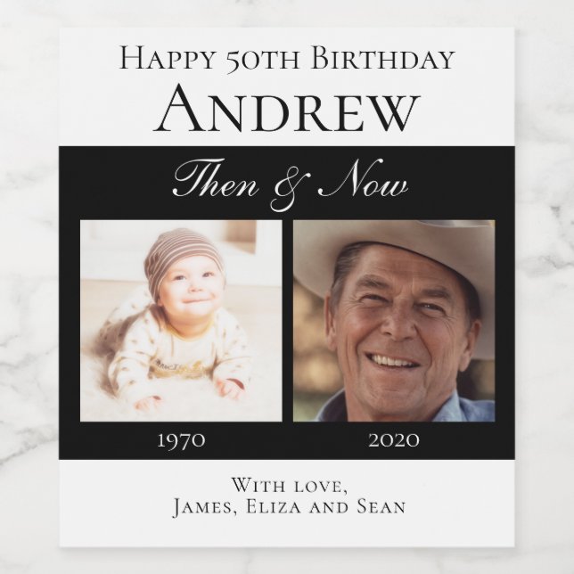 Elegant Black Grattis på födelsedagen then och Now Vinflaska Etikett (Singel etikett)