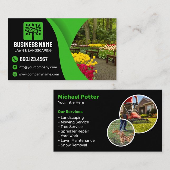 Elegant Black Green Landscaping Lawn Care Service Visitkort (Fram/baksida)