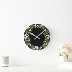 ELEGANT BLACK GREENERY BOTANICAL WALL CLOCK RUND KLOCKA