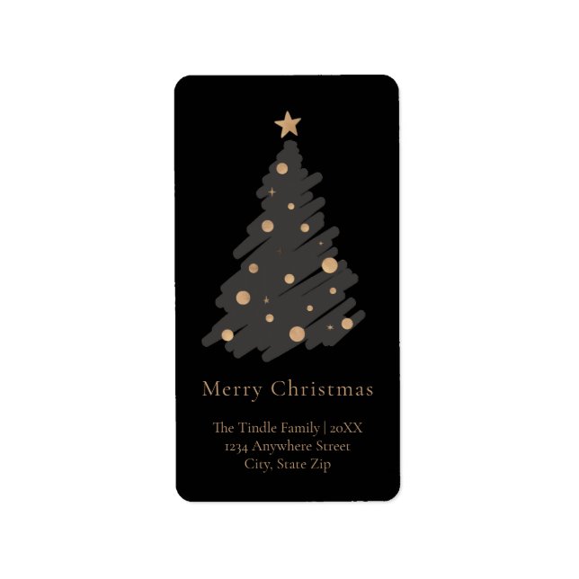 Elegant Black Grey Gold Script Christmas Tree Adressetikett (Framsidan)