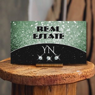 Elegant Black Grönt Gnistra Glitter med Monogram Visitkort