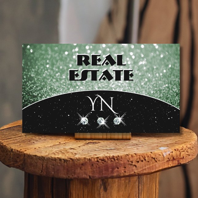 Elegant Black Grönt Gnistra Glitter med Monogram Visitkort (Skapare uppladdad)