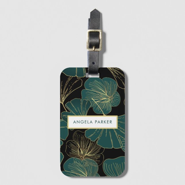 Elegant Black Grönt Guld kontur Ginkgo Löv Bagagebricka (Framsida vertikal)
