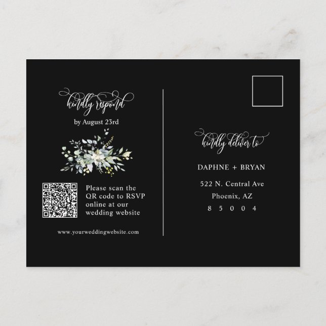 Elegant Black Grönt Löv QR Code Adress OSA Vykort (Baksida)