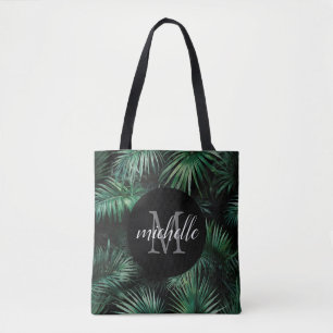 Elegant Black grönt Tropical Handflatan Löv Monogr Tygkasse