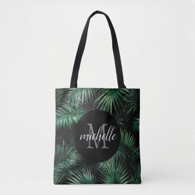 Elegant Black grönt Tropical Handflatan Löv Monogr Tygkasse (Framsida)