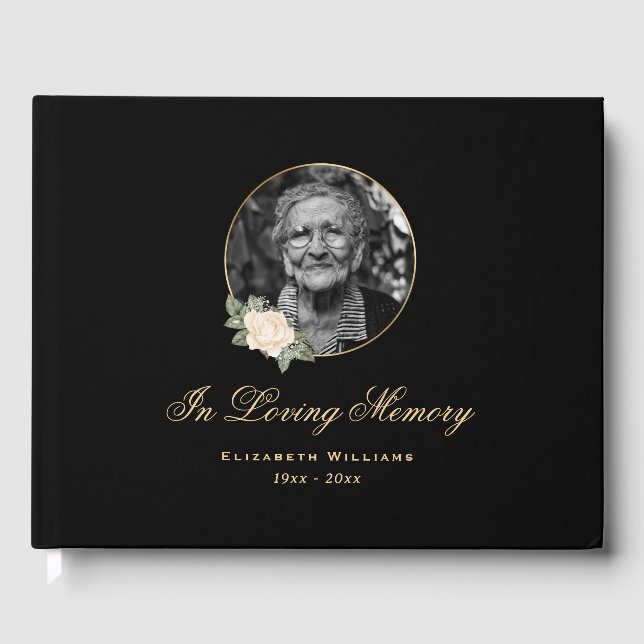 Elegant Black Gul ros Blommigt - begravningsfoto Gästböcker (Framsida)