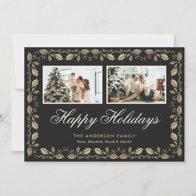 Elegant Black Guld 2 Photo Glad helg Card Julkort (Framsida)