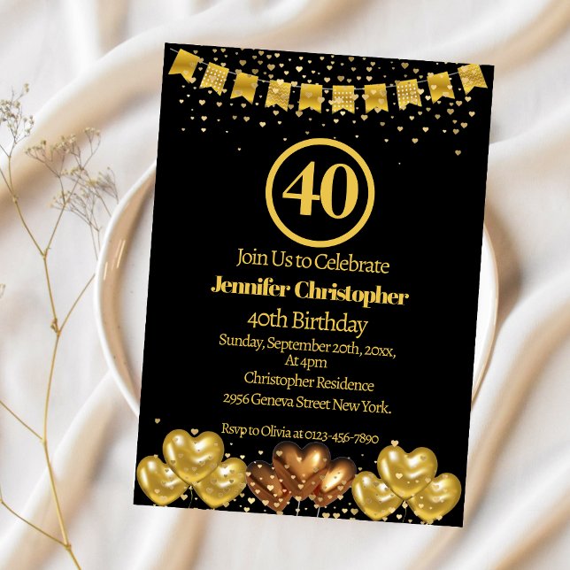Elegant Black Guld 40:e födelsedag Party Inbjudningar (Skapare uppladdad)