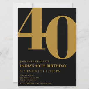 Elegant Black & Guld 40:e födelsedagen Party Inbjudningar