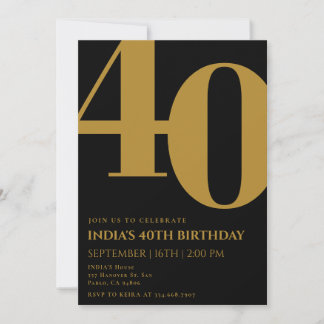 Elegant Black & Guld 40:e födelsedagen Party Inbjudningar