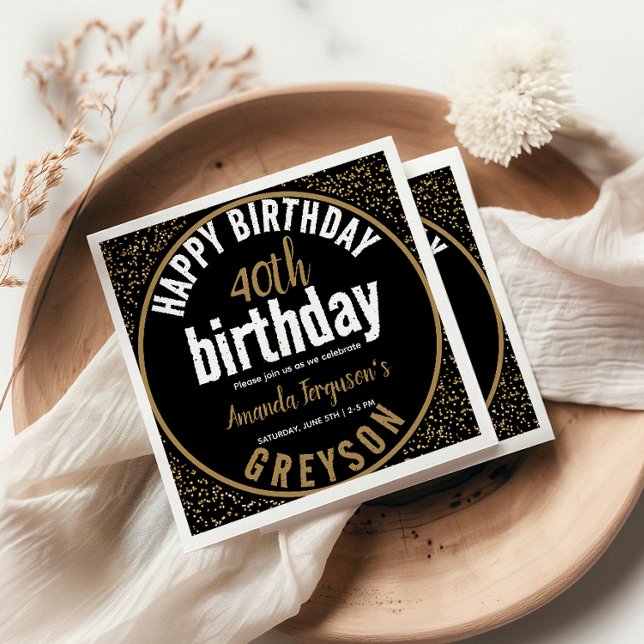 Elegant Black & Guld 40:e födelsedagen Party Pappersservett (Skapare uppladdad)